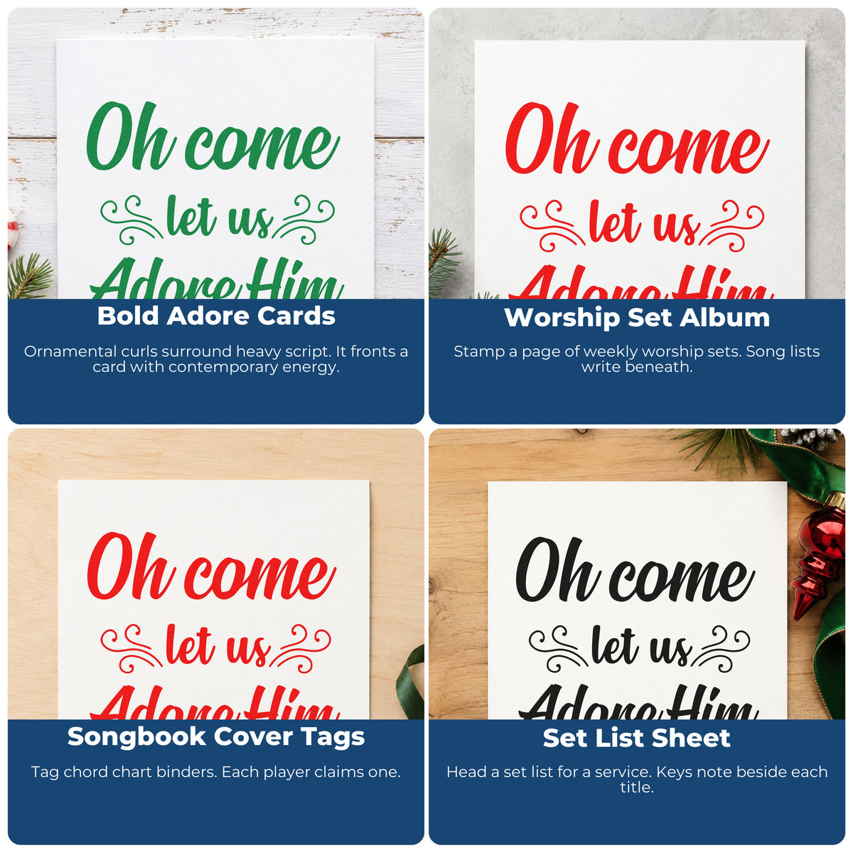 Four ways to use the Oh Come Let Us Adore Him Script Lettering Self-Inking Stamp: bold adore cards, worship set album, songbook cover tags and set list sheet.