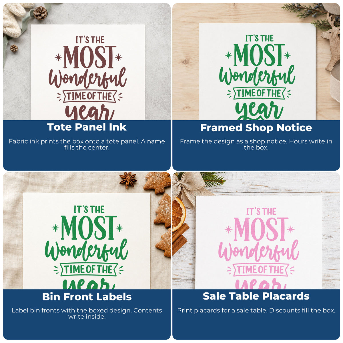 Four ways to use the It's The Most Wonderful Time Of The Year Star Accents Stamp – Self-Inking: tote panel ink, framed shop notice, bin front labels and sale table placards.