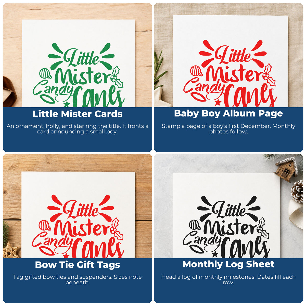 Four ways to use the Little Mister Candy Canes Holly Premium Wood-Mounted Stamp - Vintage Pro: little mister cards, baby boy album page, bow tie gift tags and monthly log sheet.
