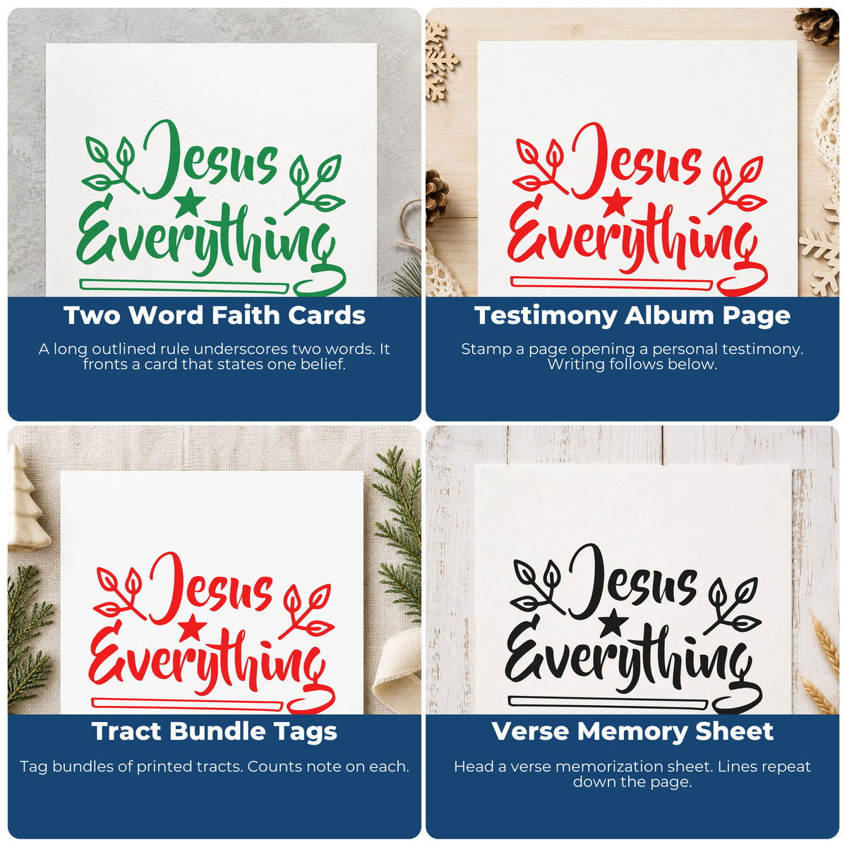 Four ways to use the Premium Wooden Jesus Everything Star And Leaves Stamp - Vintage Pro: two word faith cards, testimony album page, tract bundle tags and verse memory sheet.
