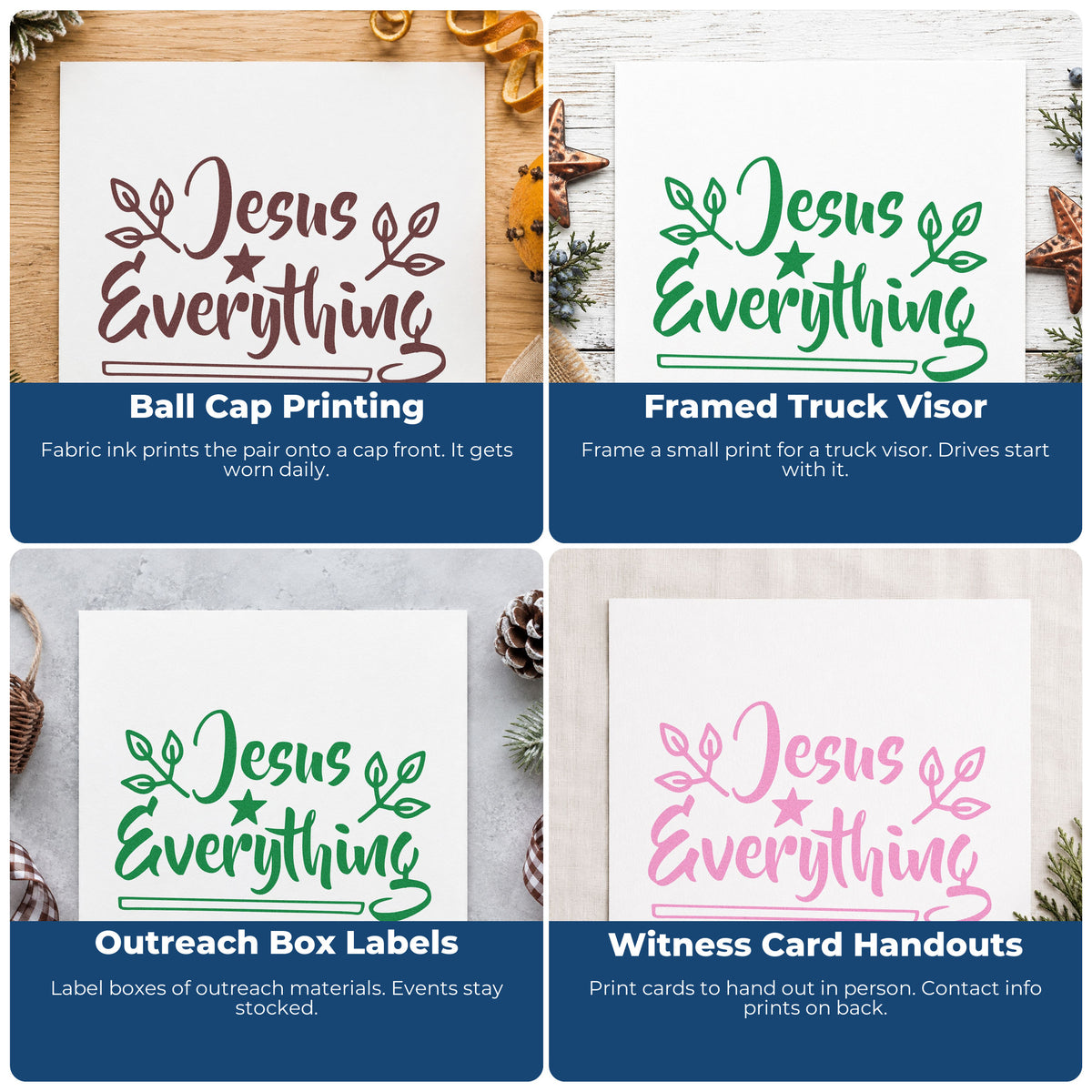 Four ways to use the Premium Wooden Jesus Everything Star And Leaves Stamp - Vintage Pro: ball cap printing, framed truck visor, outreach box labels and witness card handouts.