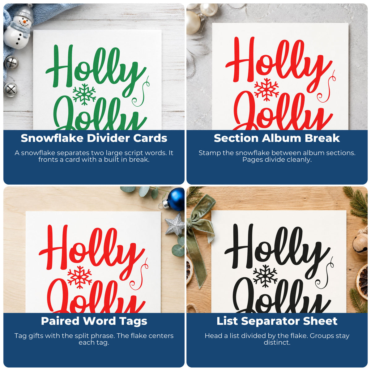 Four ways to use the Holly Jolly Snowflake Rubber Stamp – Duo Hand: snowflake divider cards, section album break, paired word tags and list separator sheet.