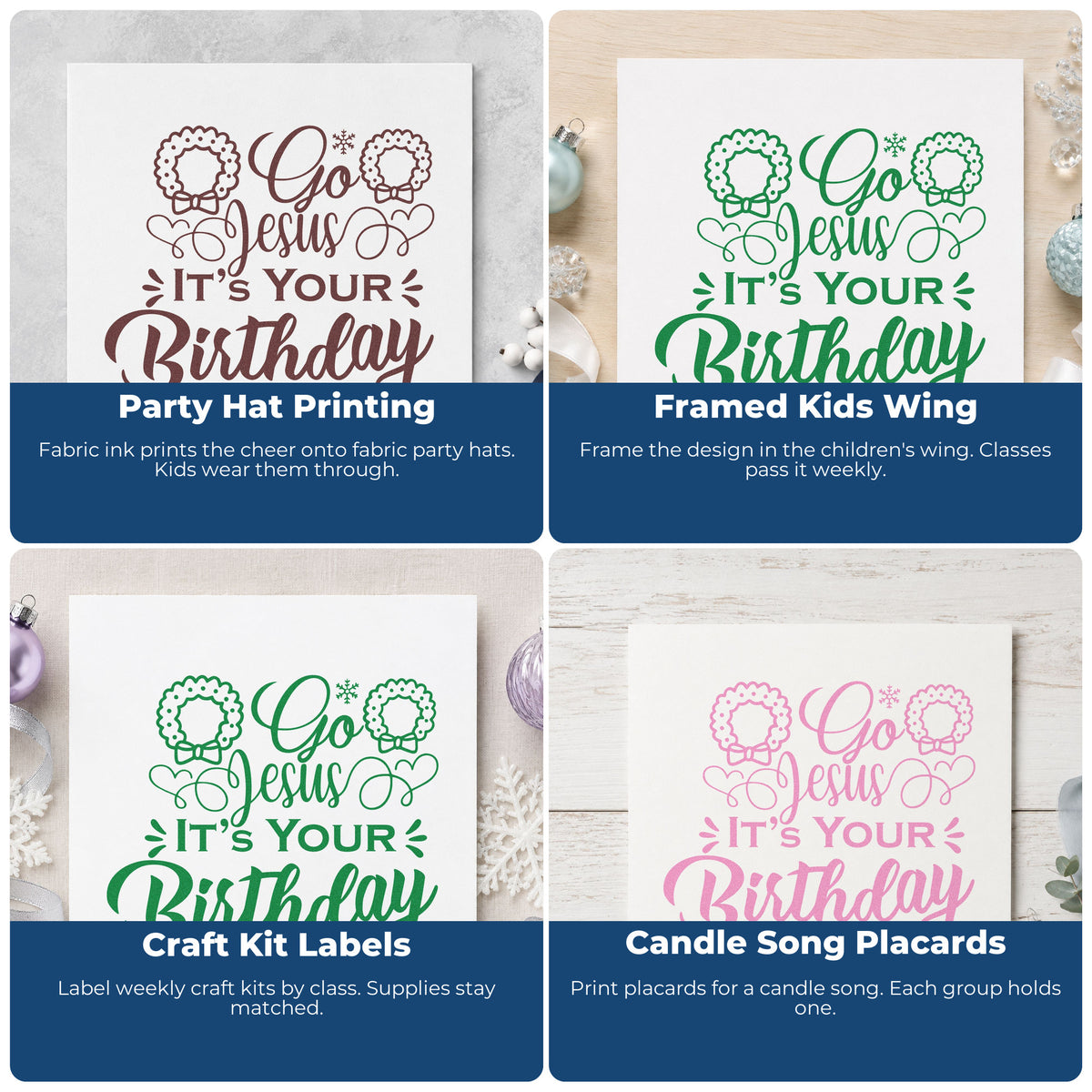 Four ways to use the Go Jesus It's Your Birthday Stamp - Premium Vintage Pro Wooden: party hat printing, framed kids wing, craft kit labels and candle song placards.