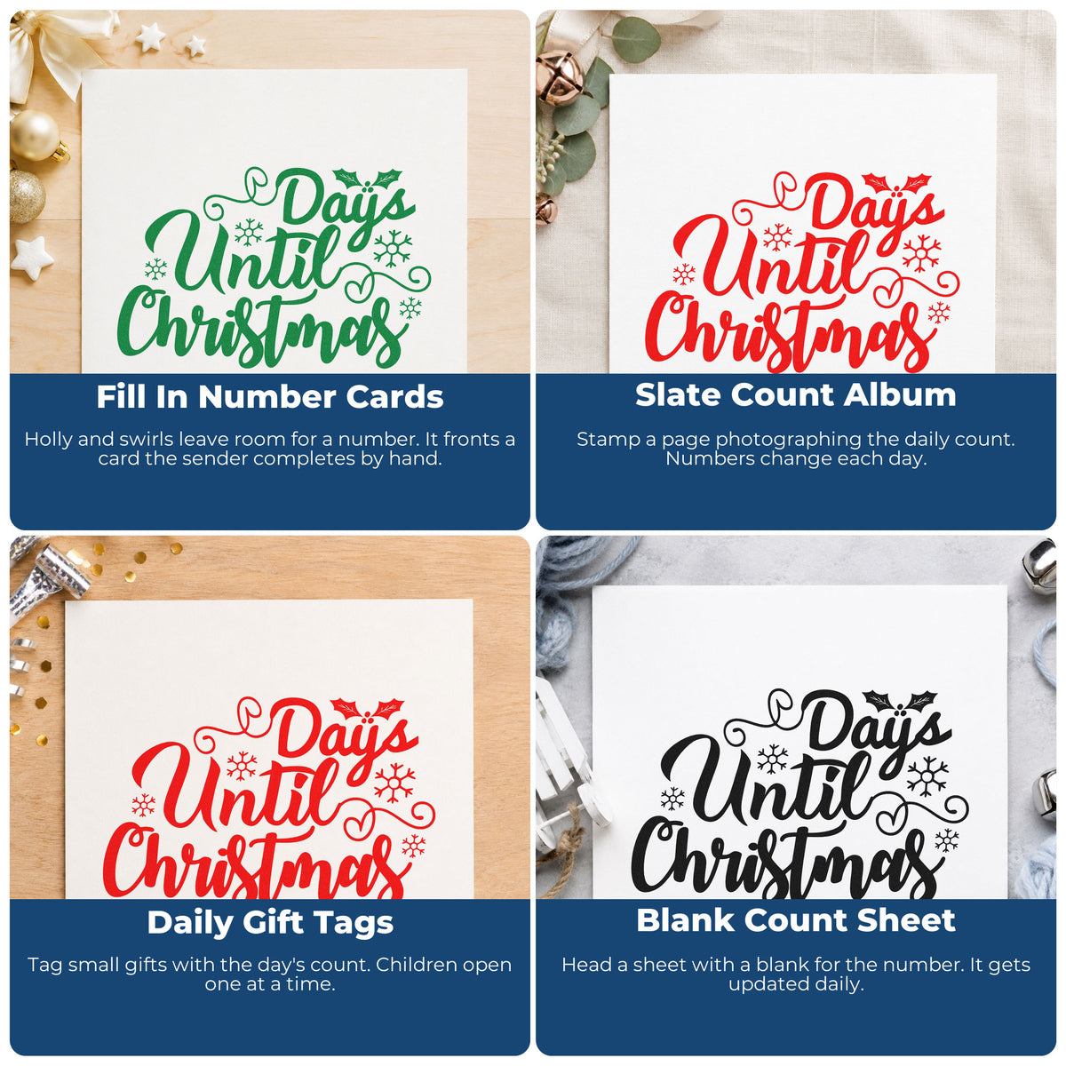 Four ways to use the Days Until Christmas Leaf Accents Premium Wooden Stamp - Vintage Pro: fill in number cards, slate count album, daily gift tags and blank count sheet.