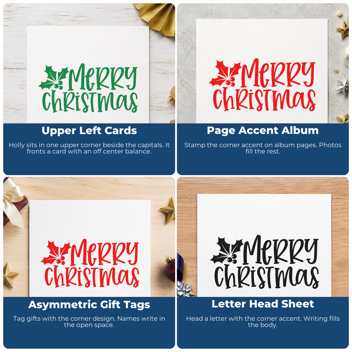 Four ways to use the Merry Christmas Holly Corner Block Lettering Pre-Inked Stamp – Slim: upper left cards, page accent album, asymmetric gift tags and letter head sheet.