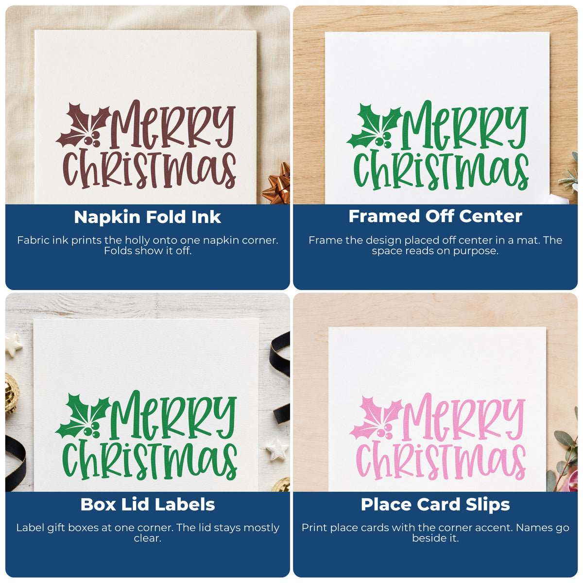 Four ways to use the Merry Christmas Holly Corner Block Lettering Pre-Inked Stamp – Slim: napkin fold ink, framed off center, box lid labels and place card slips.