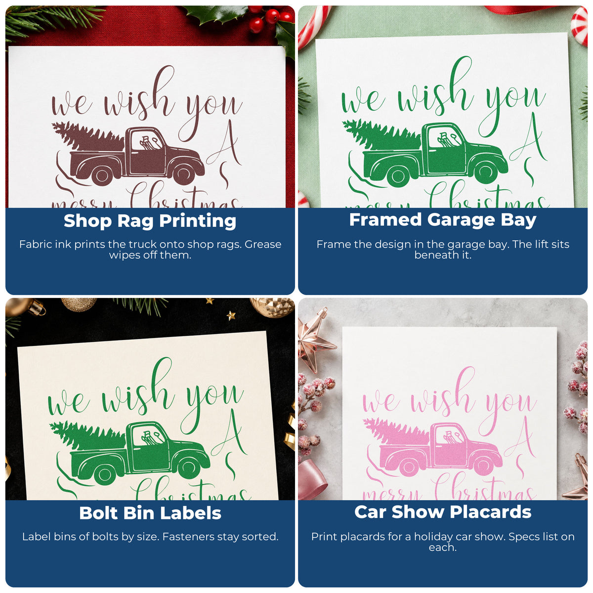 Four ways to use the Wish You Christmas Pickup Stamp – Duo Hand: shop rag printing, framed garage bay, bolt bin labels and car show placards.