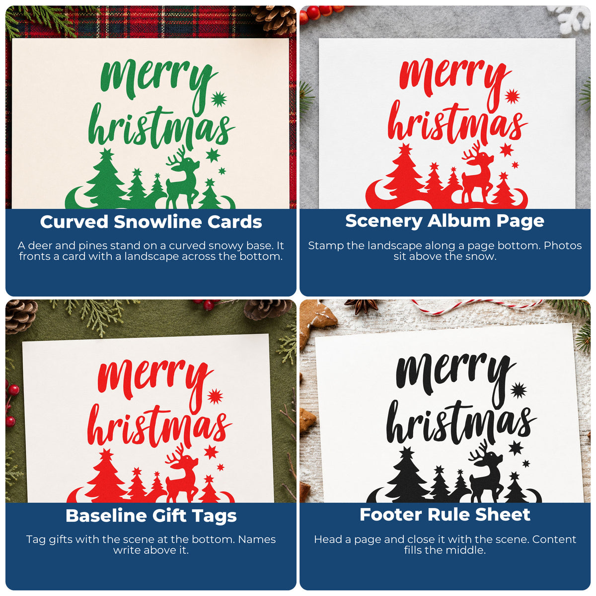 Four ways to use the Snowy Deer And Pine Landscape Pre-Inked Stamp – Slim: curved snowline cards, scenery album page, baseline gift tags and footer rule sheet.