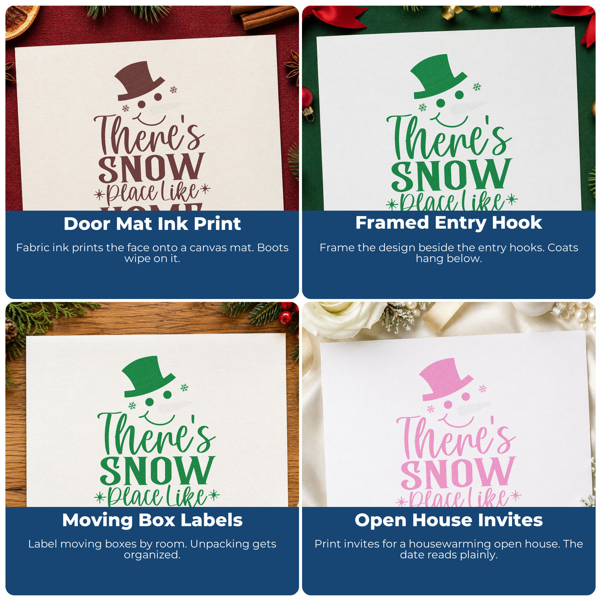 Four ways to use the There's Snow Place Like Home Wood Handle Stamp: door mat ink print, framed entry hook, moving box labels and open house invites.
