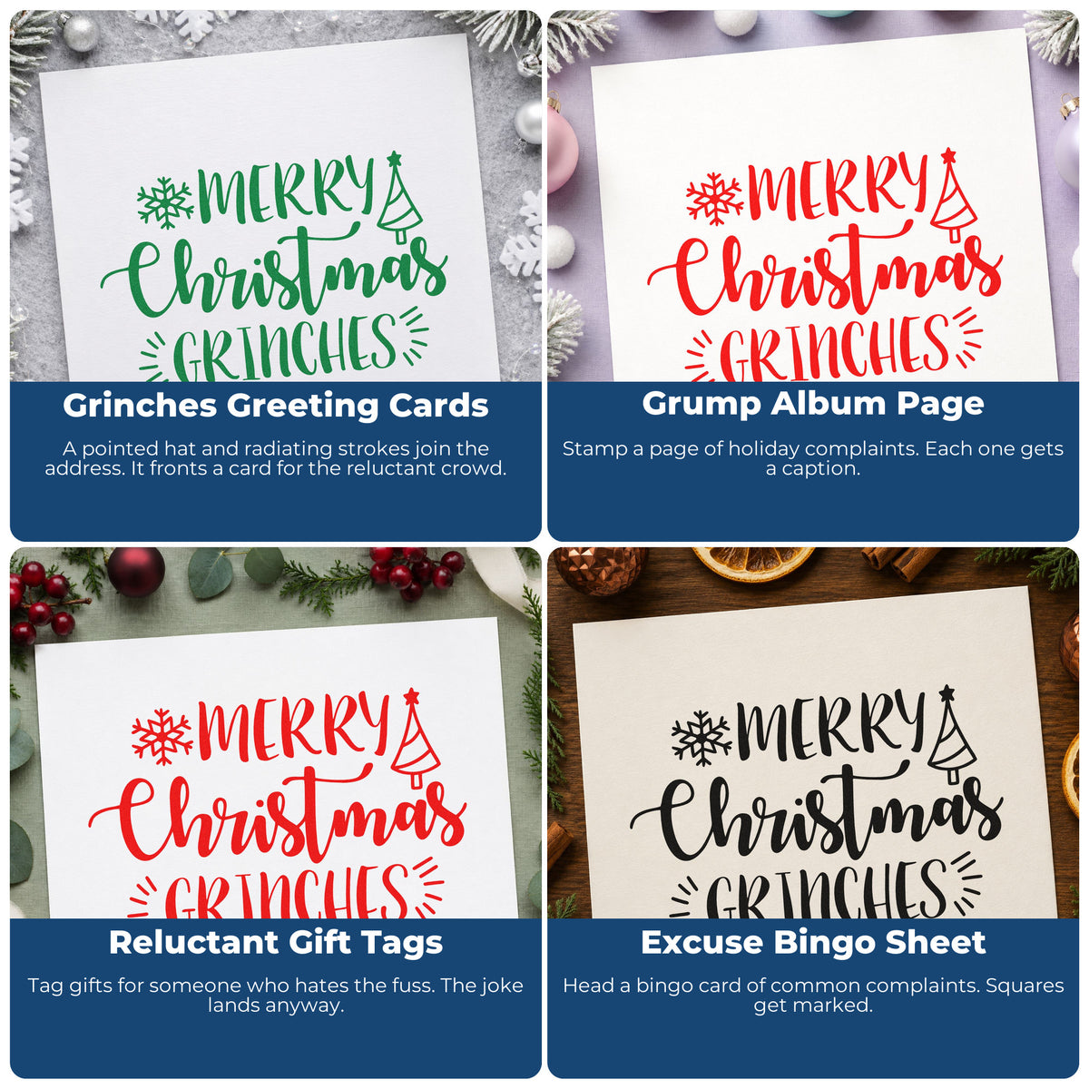Four ways to use the Vintage Pro Merry Christmas Grinches Premium Wooden Stamp: grinches greeting cards, grump album page, reluctant gift tags and excuse bingo sheet.