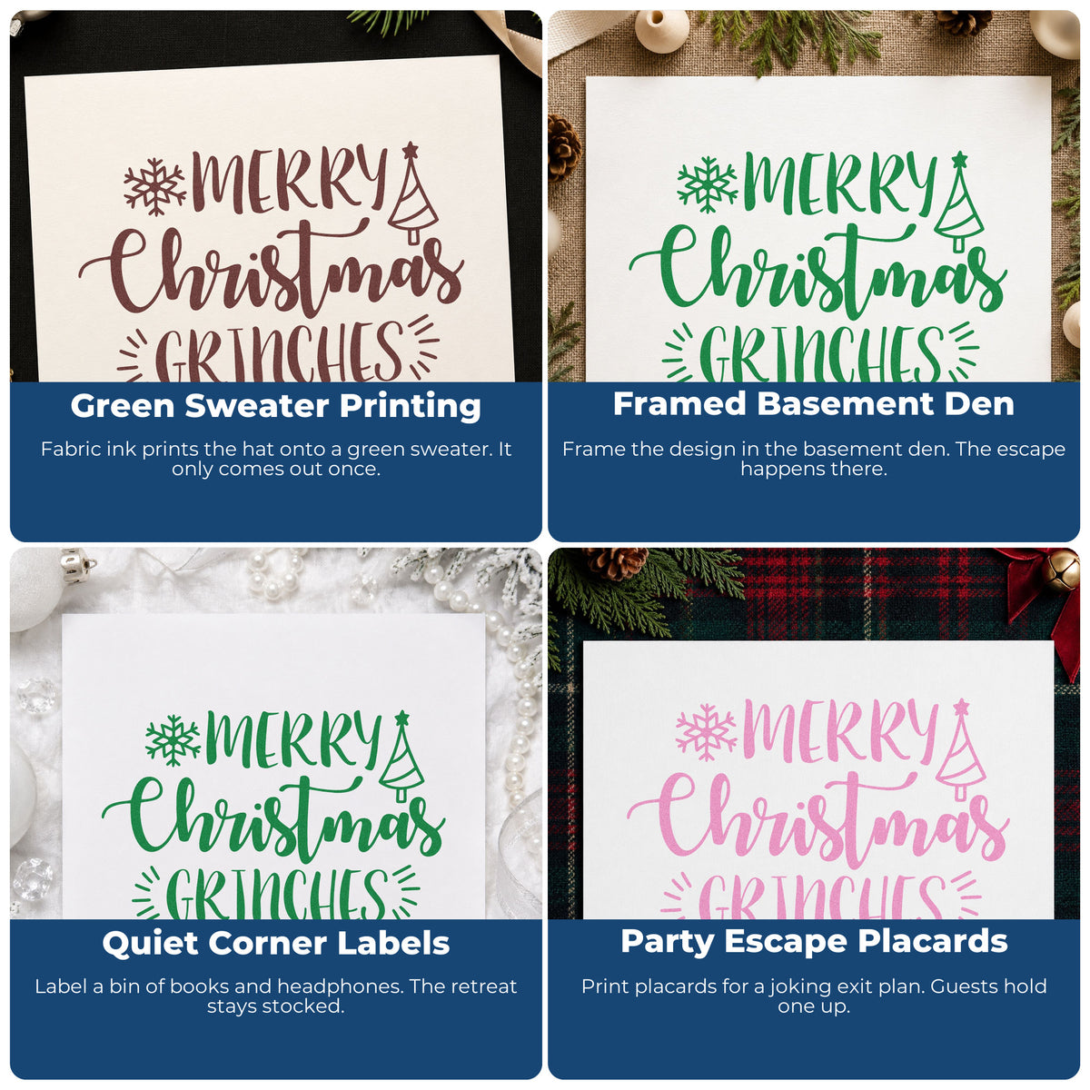 Four ways to use the Vintage Pro Merry Christmas Grinches Premium Wooden Stamp: green sweater printing, framed basement den, quiet corner labels and party escape placards.