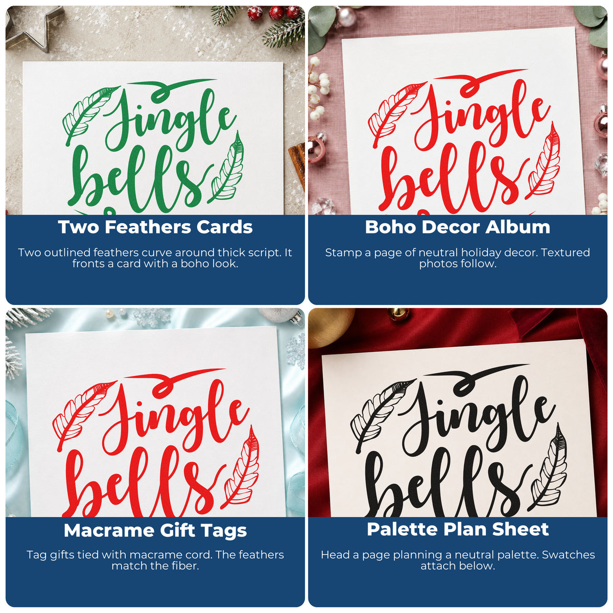 Four ways to use the Jingle Bells Feather Flourishes Rubber Stamp – Wood Handle: two feathers cards, boho decor album, macrame gift tags and palette plan sheet.