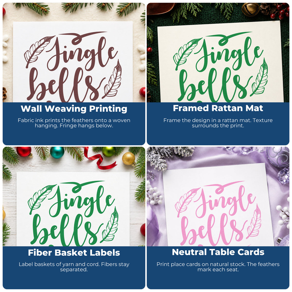 Four ways to use the Jingle Bells Feather Flourishes Pre-Inked Stamp – Slim: wall weaving printing, framed rattan mat, fiber basket labels and neutral table cards.