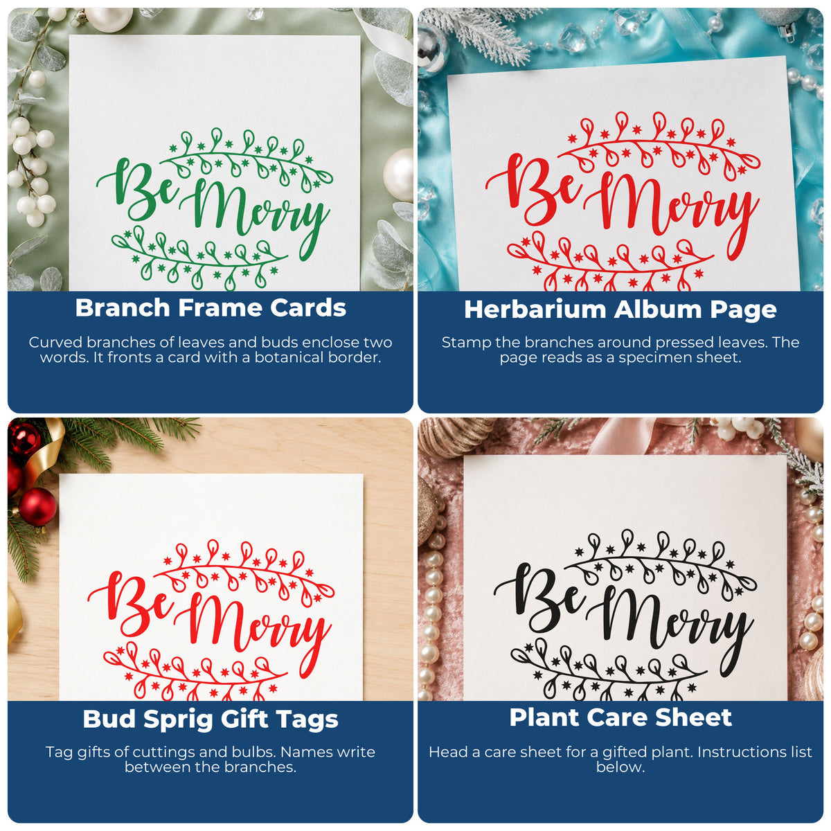 Four ways to use the Be Merry Botanical Border Wood-Mounted Rubber Stamp: branch frame cards, herbarium album page, bud sprig gift tags and plant care sheet.