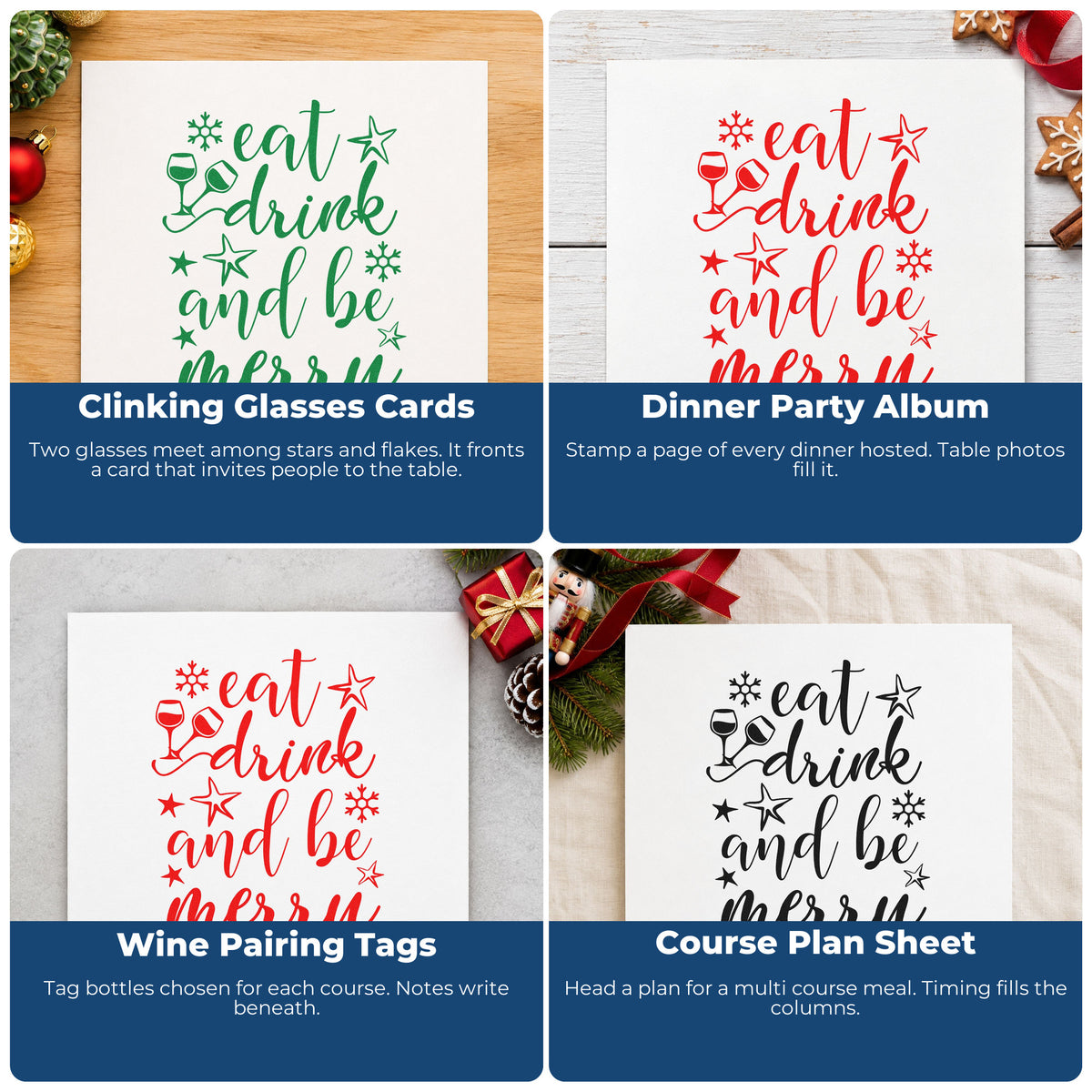 Four ways to use the Eat Drink And Be Merry Snowflakes Slim Pre-Inked Stamp: clinking glasses cards, dinner party album, wine pairing tags and course plan sheet.