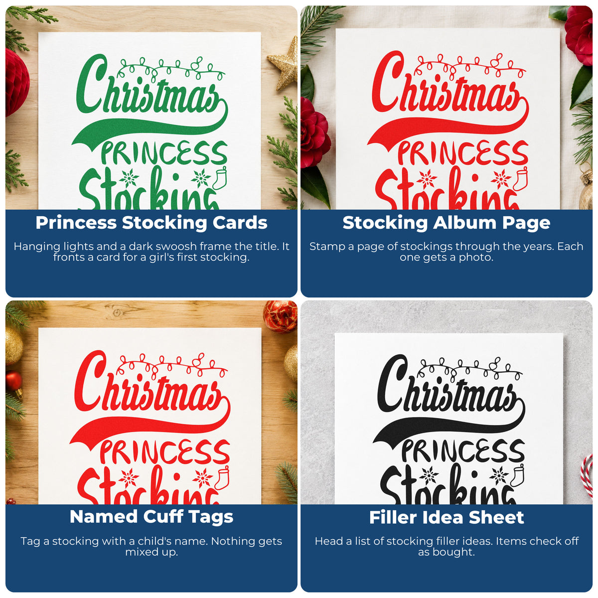 Four ways to use the Christmas Princess Stocking Self-Inking Stamp: princess stocking cards, stocking album page, named cuff tags and filler idea sheet.