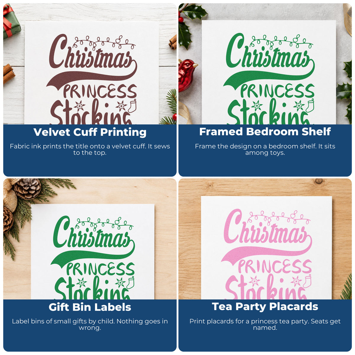 Four ways to use the Vintage Pro Christmas Princess Stocking Premium Wooden Stamp: velvet cuff printing, framed bedroom shelf, gift bin labels and tea party placards.