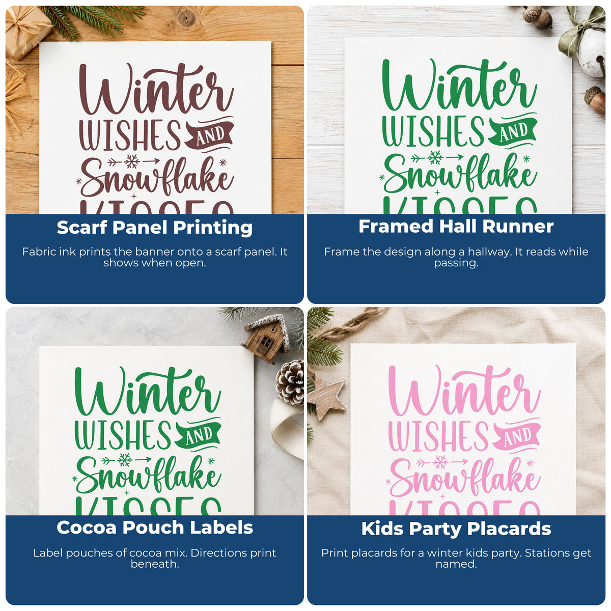 Four ways to use the Winter Wishes Snowflake Kisses Premium Wooden Stamp - Vintage Pro: scarf panel printing, framed hall runner, cocoa pouch labels and kids party placards.