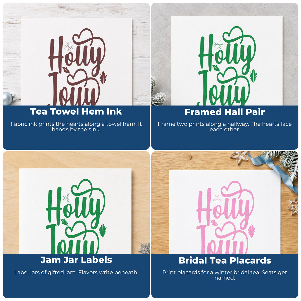 Four ways to use the Holly Jolly Heart Accents Slim Pre-Inked Stamp: tea towel hem ink, framed hall pair, jam jar labels and bridal tea placards.
