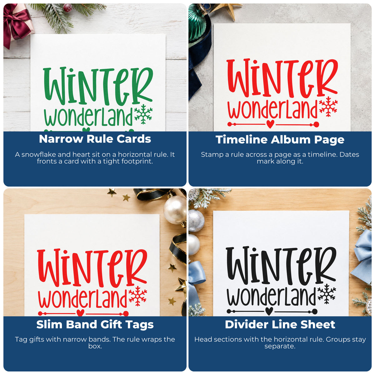 Four ways to use the Winter Wonderland Snowflake With Hearts Self-Inking Stamp: narrow rule cards, timeline album page, slim band gift tags and divider line sheet.