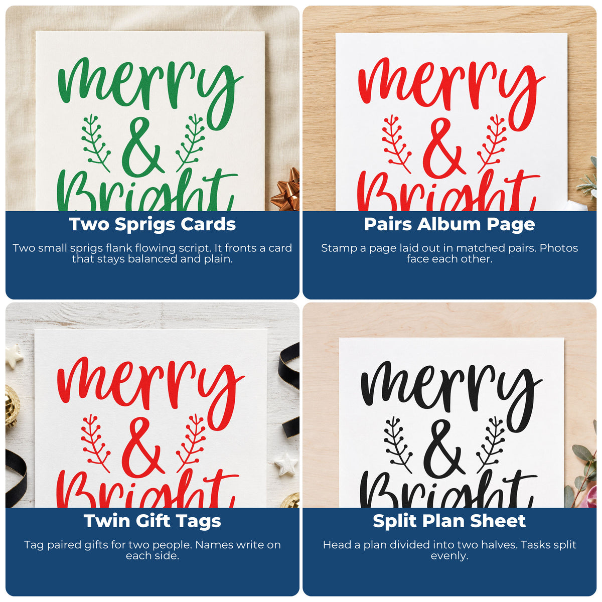 Four ways to use the Wood Handle Merry And Bright Leafy Sprigs Script Lettering Rubber Stamp: two sprigs cards, pairs album page, twin gift tags and split plan sheet.