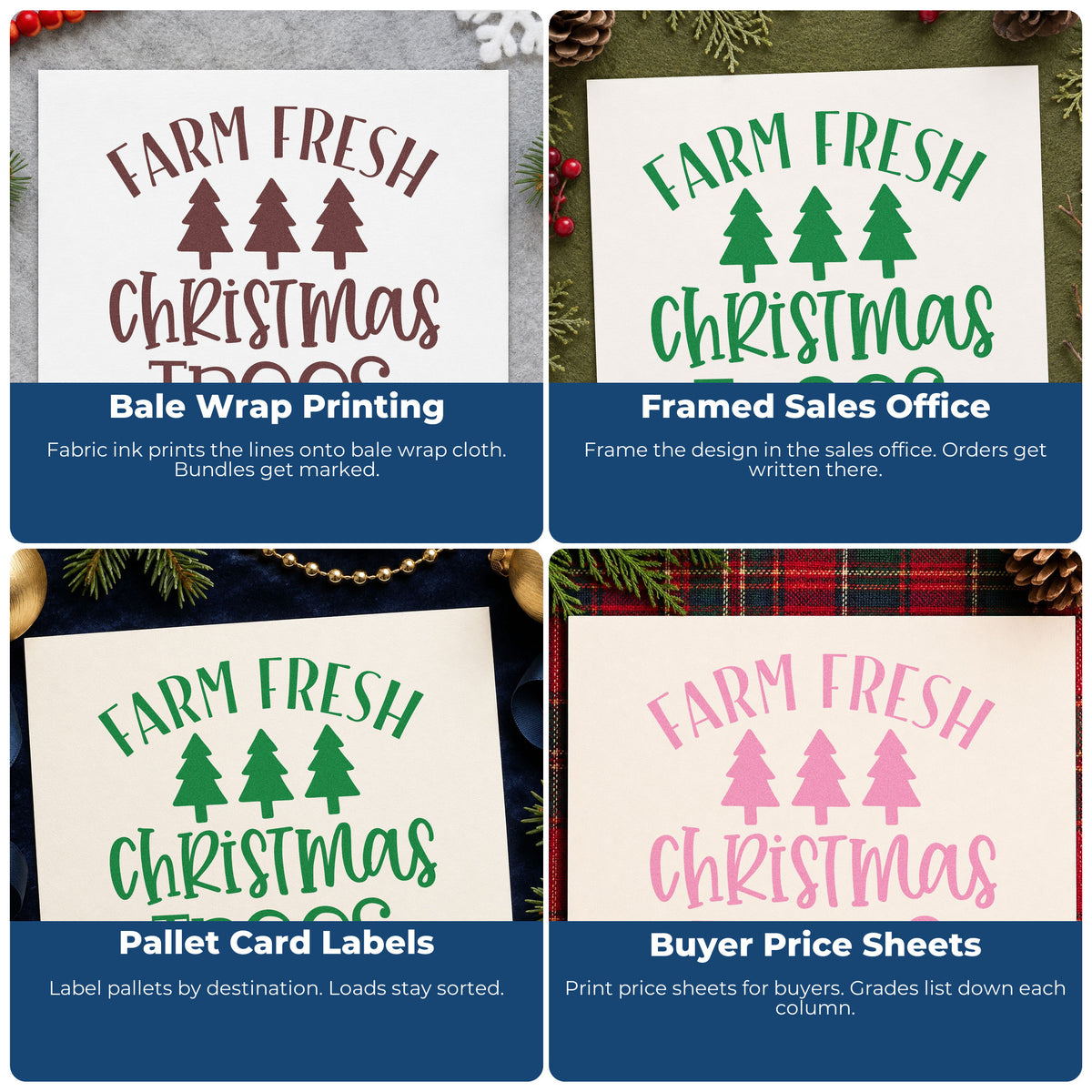 Four ways to use the Three Pines Farm Fresh Christmas Trees Stamp - Premium Vintage Pro Wooden: bale wrap printing, framed sales office, pallet card labels and buyer price sheets.