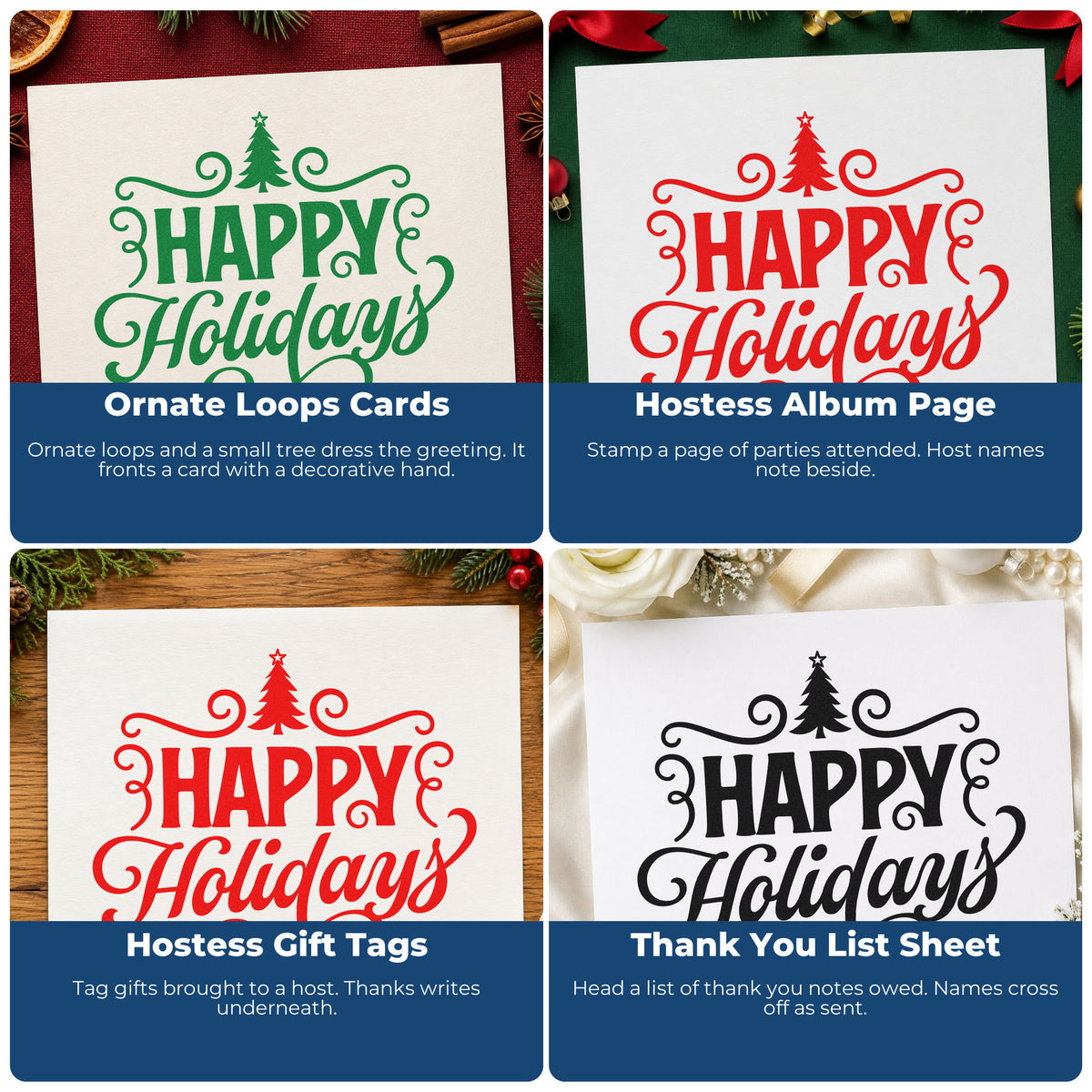 Four ways to use the Happy Holidays Tree Flourishes Self-Inking Stamp: ornate loops cards, hostess album page, hostess gift tags and thank you list sheet.