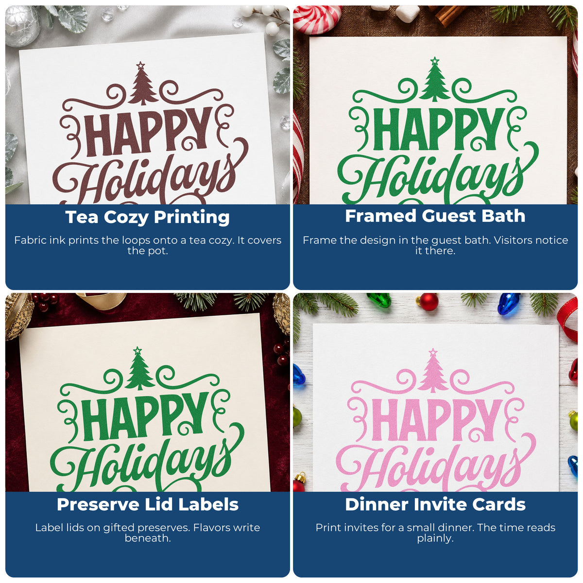 Four ways to use the Happy Holidays Tree Flourishes Premium Wood-Mounted Stamp - Vintage Pro: tea cozy printing, framed guest bath, preserve lid labels and dinner invite cards.