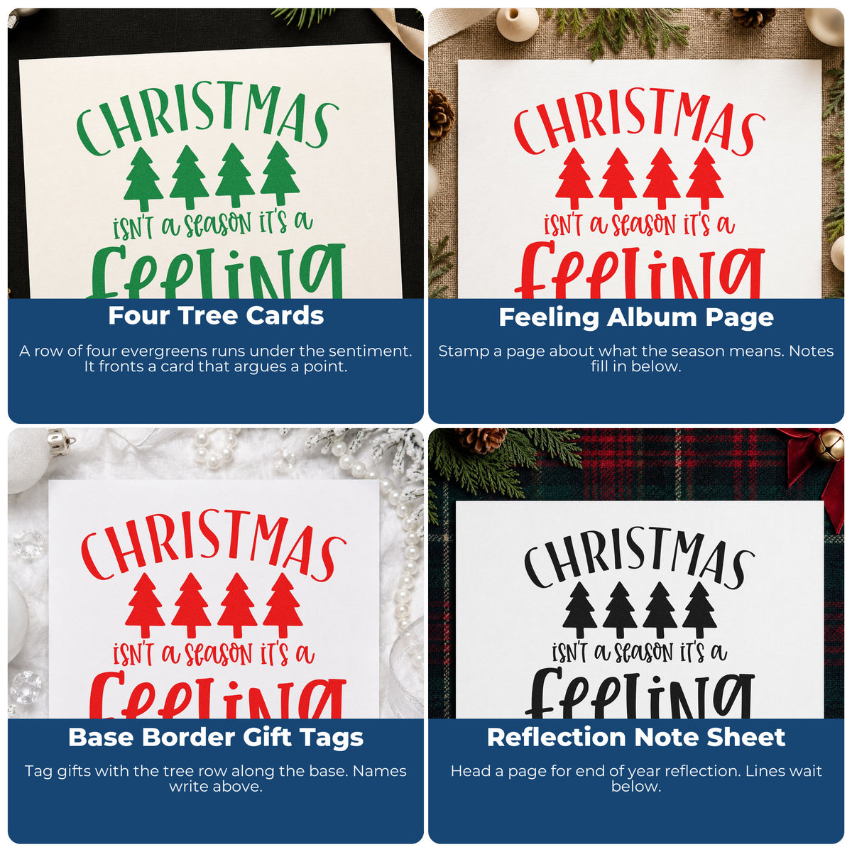 Christmas rubber stamp ideas for wrapping paper, greeting cards, advent calendars, and ornaments.