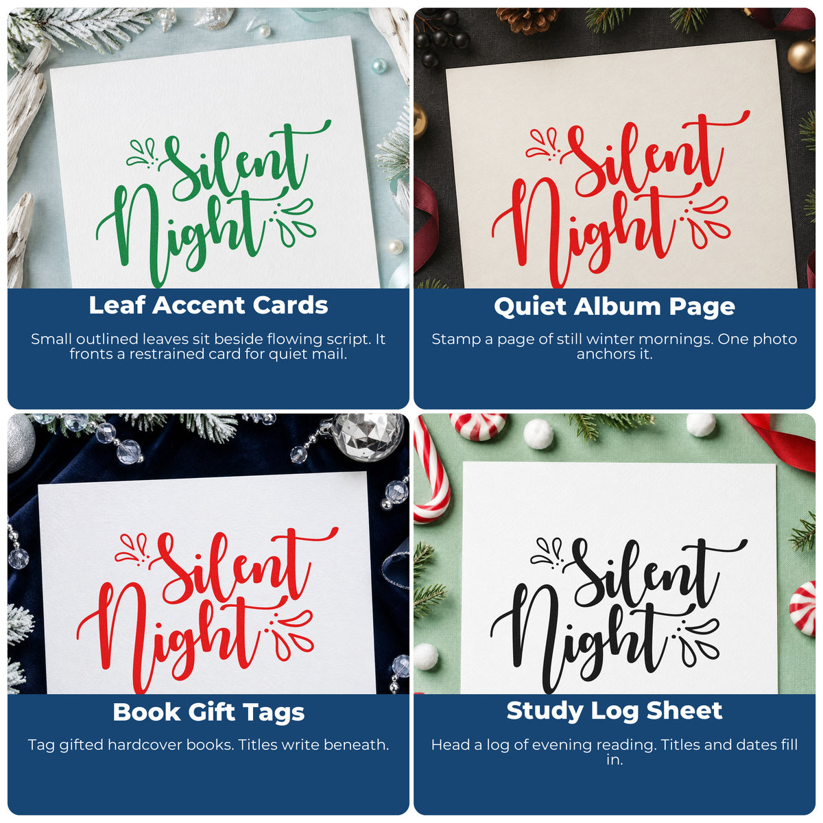 Four ways to use the Silent Night Leaf Accents Rubber Stamp – Duo Hand: leaf accent cards, quiet album page, book gift tags and study log sheet.