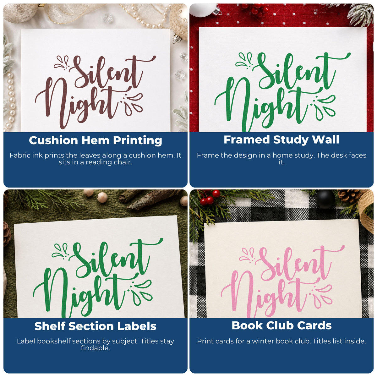 Four ways to use the Vintage Pro Silent Night Leaf Accents Premium Wooden Stamp: cushion hem printing, framed study wall, shelf section labels and book club cards.