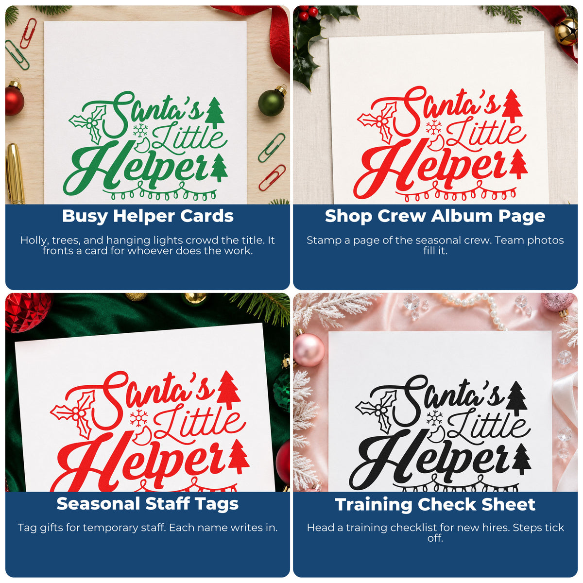 Four ways to use the Santa's Little Helper Lights Holly Premium Wooden Stamp - Vintage Pro: busy helper cards, shop crew album page, seasonal staff tags and training check sheet.