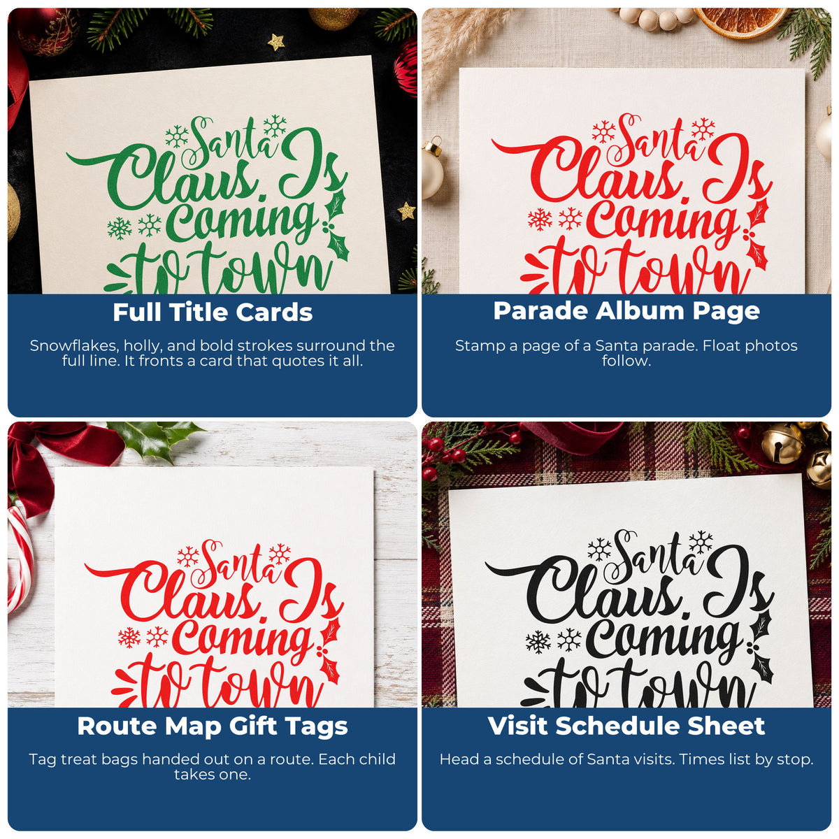 Four ways to use the Wood Handle Santa Claus Coming To Town Rubber Stamp: full title cards, parade album page, route map gift tags and visit schedule sheet.
