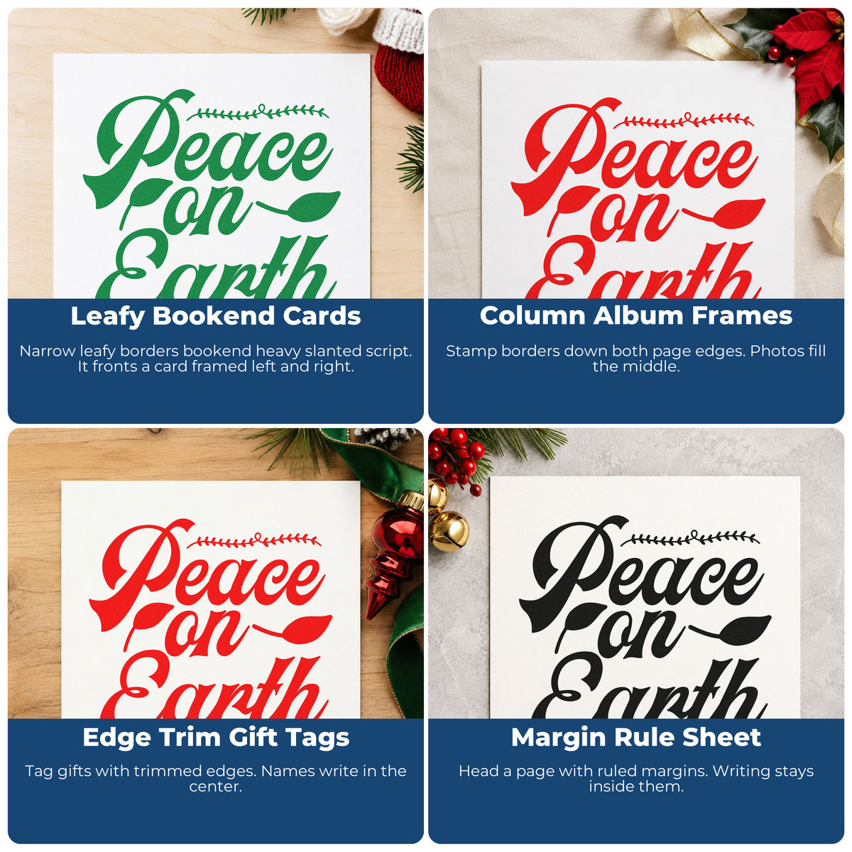 Four ways to use the Leaf Border Peace On Earth Stamp – PSI Pre-Inked: leafy bookend cards, column album frames, edge trim gift tags and margin rule sheet.