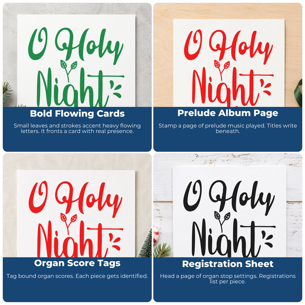Four ways to use the O Holy Night Leaves Lettering Rubber Stamp – Wood Handle: bold flowing cards, prelude album page, organ score tags and registration sheet.