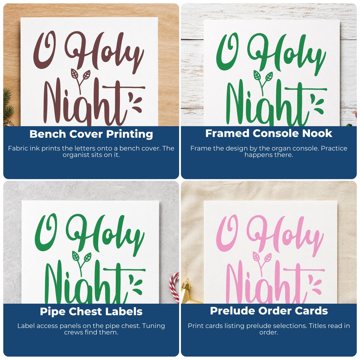 Four ways to use the O Holy Night Leaves Lettering PSI Pre-Inked Stamp: bench cover printing, framed console nook, pipe chest labels and prelude order cards.