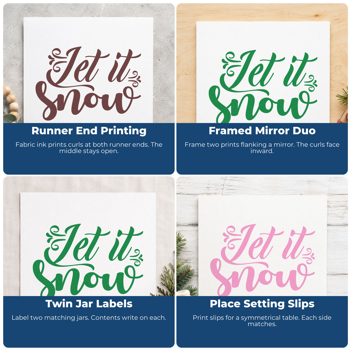 Four ways to use the Let It Snow Decorative Script Stamp – Wood Handle: runner end printing, framed mirror duo, twin jar labels and place setting slips.