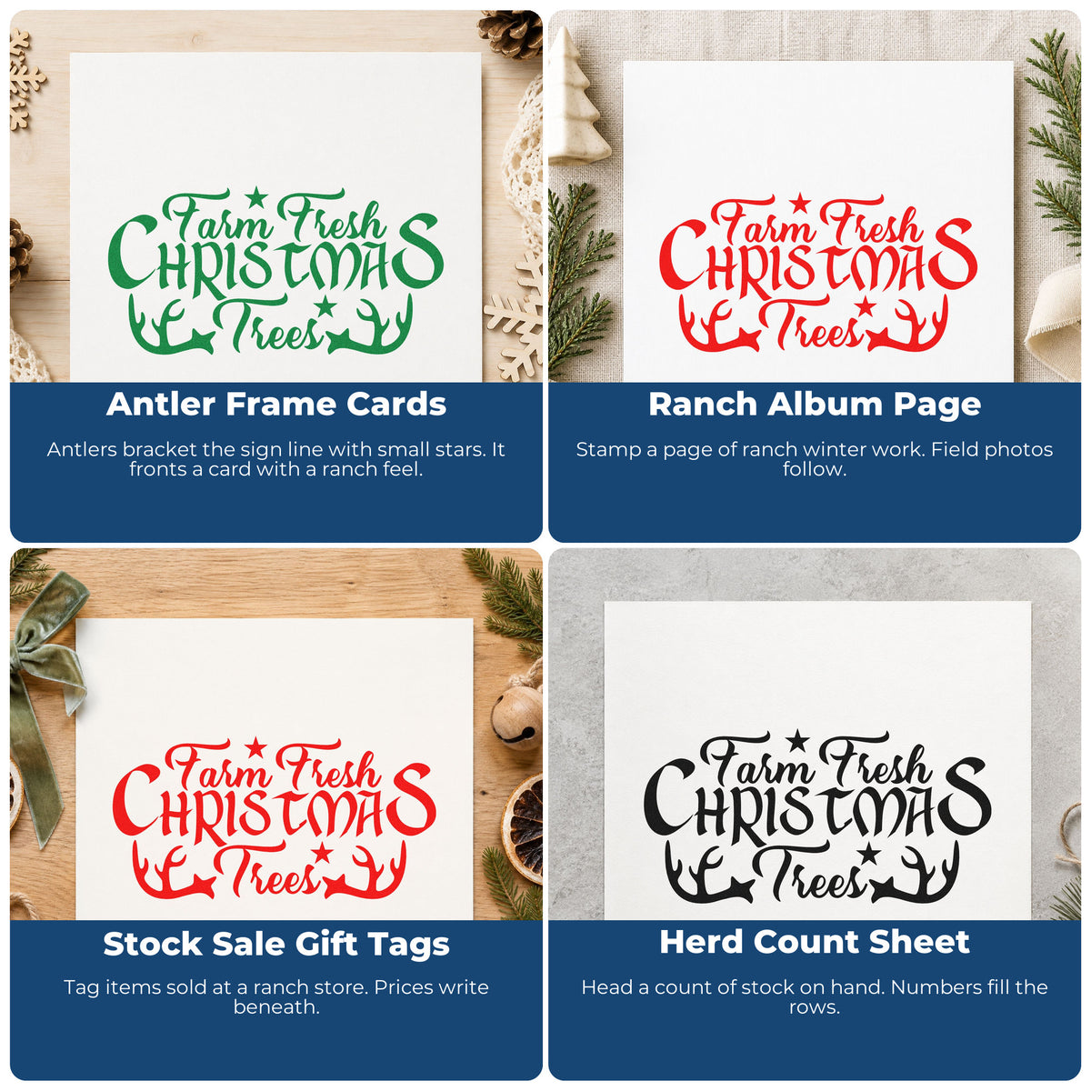 Four ways to use the Farm Fresh Christmas Trees Antlers With Stars Stamp – Self-Inking: antler frame cards, ranch album page, stock sale gift tags and herd count sheet.