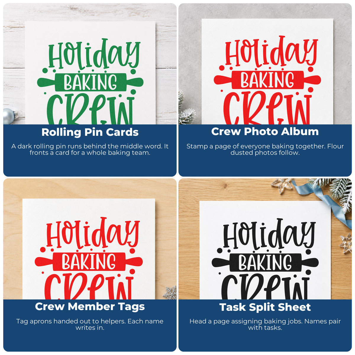 Four ways to use the Holiday Baking Crew Rolling Pin PSI Pre-Inked Stamp: rolling pin cards, crew photo album, crew member tags and task split sheet.