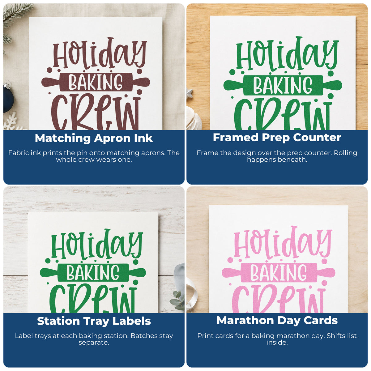 Four ways to use the Holiday Baking Crew Rolling Pin PSI Pre-Inked Stamp: matching apron ink, framed prep counter, station tray labels and marathon day cards.