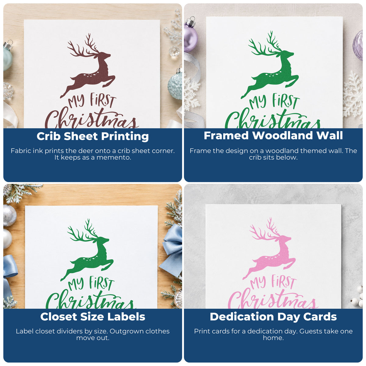 Four ways to use the My First Christmas Reindeer Stamp – Duo Hand: crib sheet printing, framed woodland wall, closet size labels and dedication day cards.