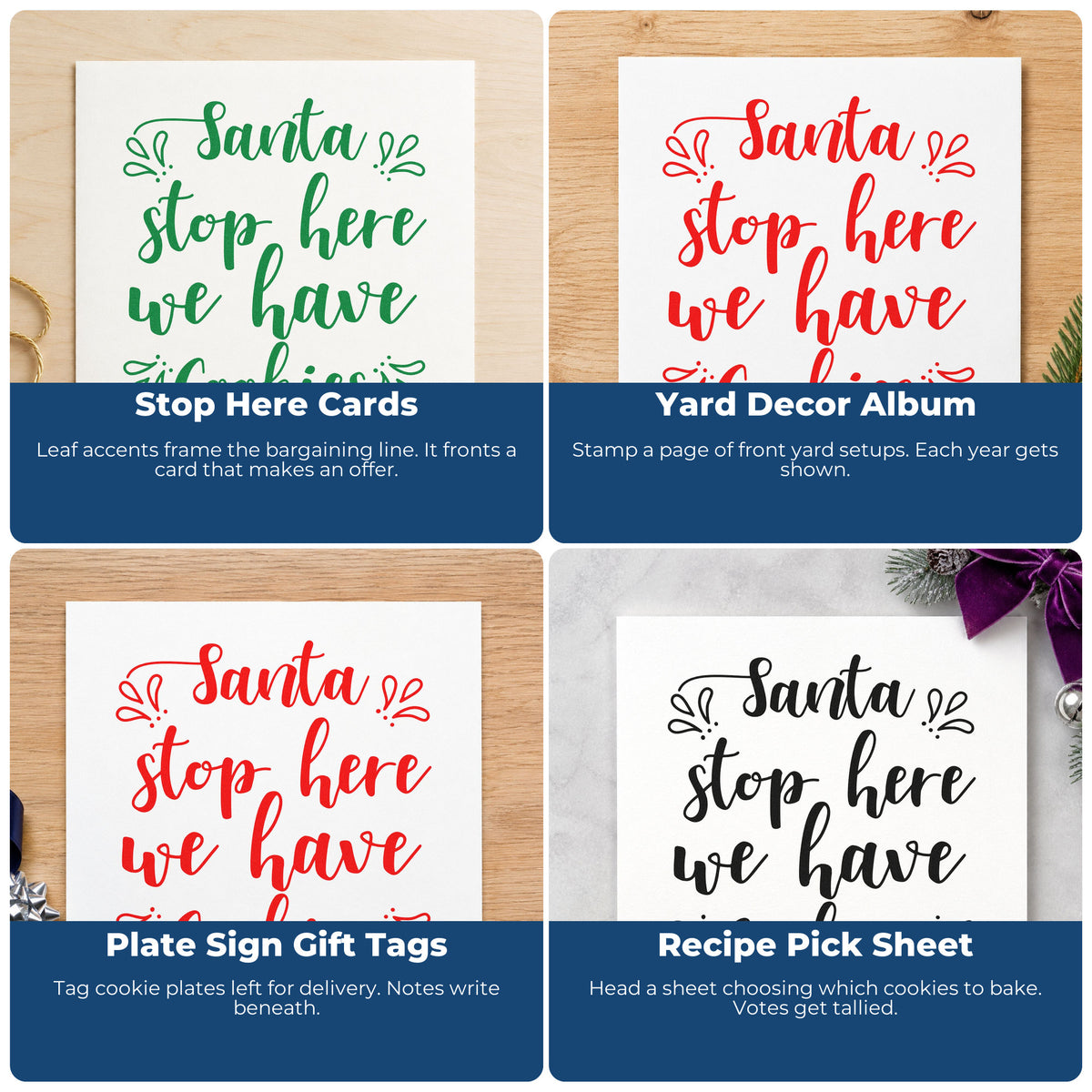 Four ways to use the Santa Stop Here We Have Cookies Stamp – PSI Pre-Inked: stop here cards, yard decor album, plate sign gift tags and recipe pick sheet.