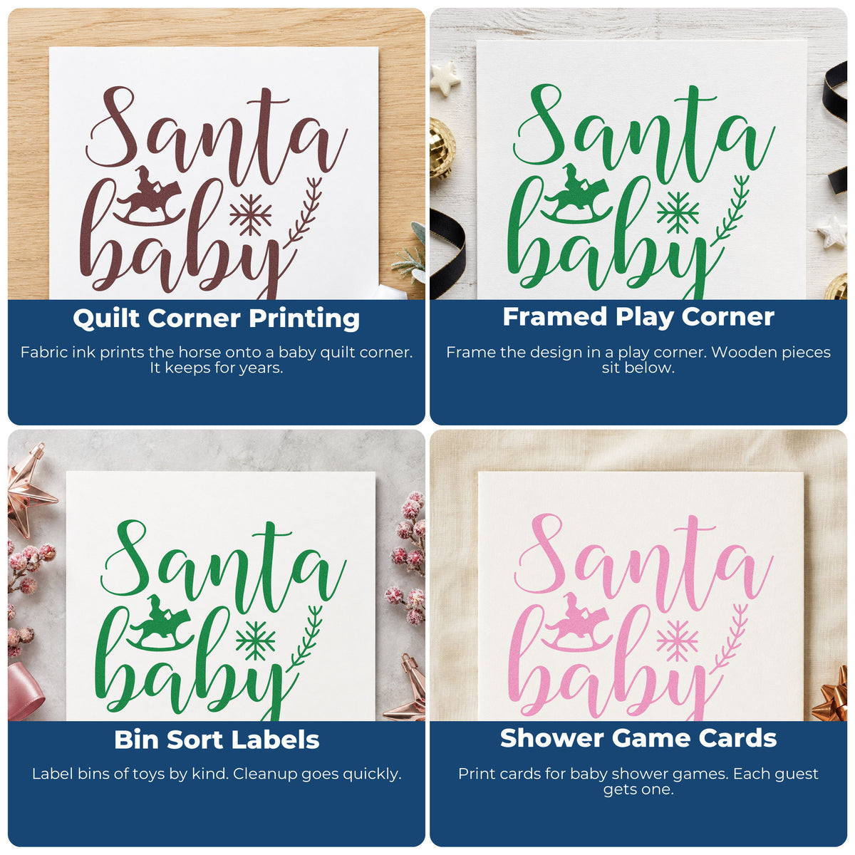 Four ways to use the Santa Baby Rocking Horse Botanical Sprig PSI Pre-Inked Stamp: quilt corner printing, framed play corner, bin sort labels and shower game cards.