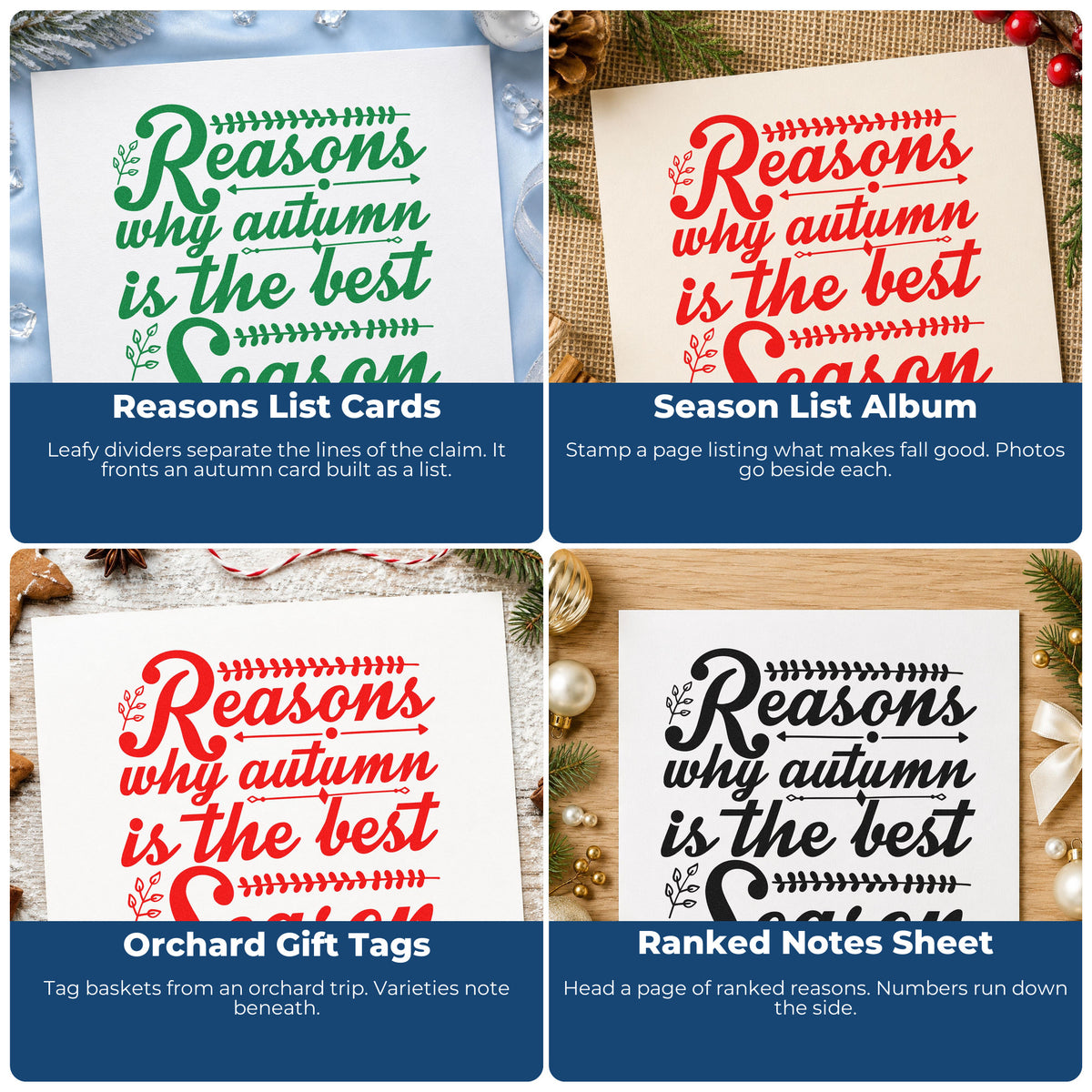 Four ways to use the Reasons Why Autumn Is The Best Season Slim Pre-Inked Stamp: reasons list cards, season list album, orchard gift tags and ranked notes sheet.