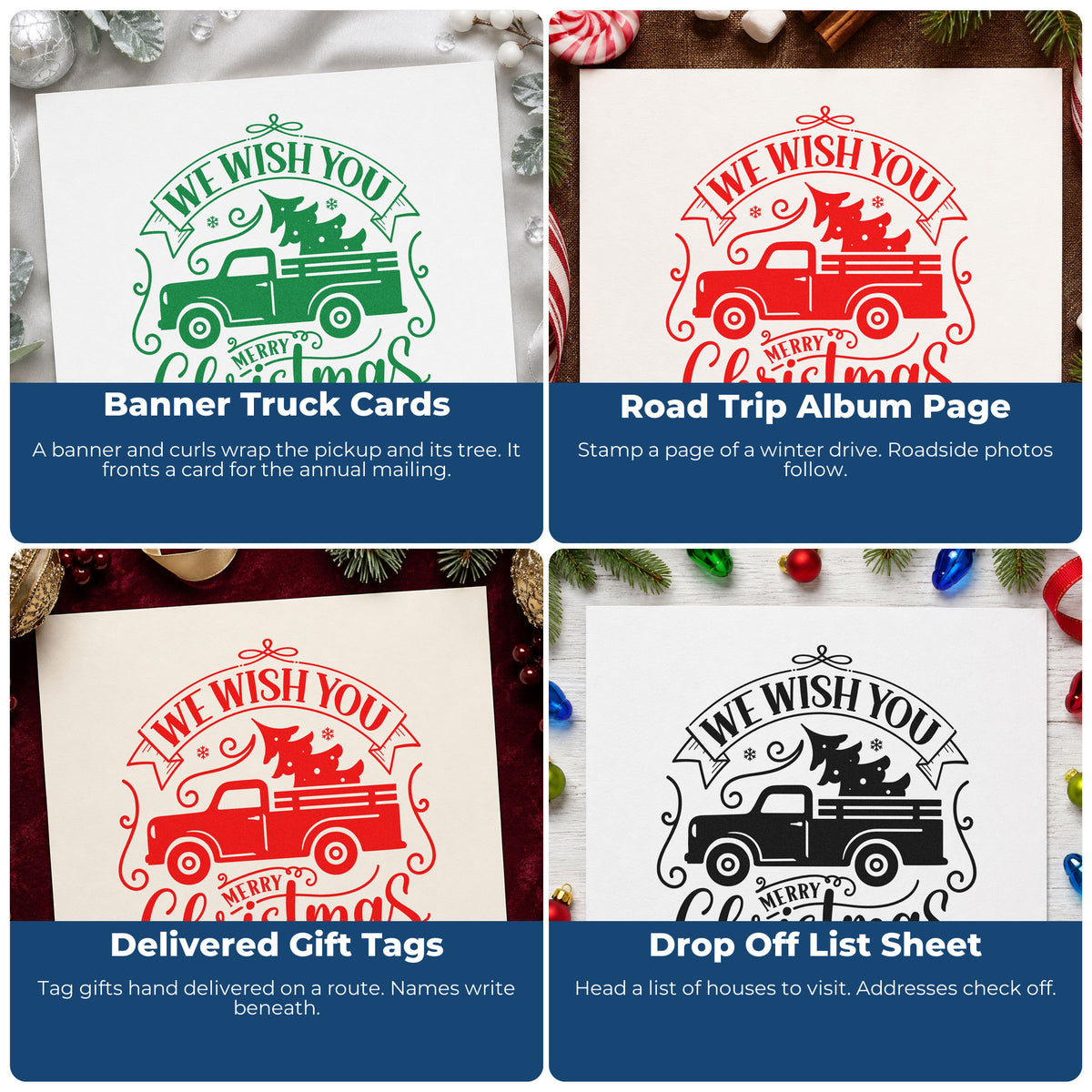 Four ways to use the Wish You Christmas Pickup Tree Motif Hand Stamp – Duo: banner truck cards, road trip album page, delivered gift tags and drop off list sheet.
