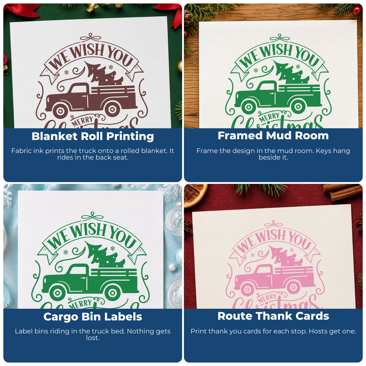 Four ways to use the Wish You Christmas Pickup Tree Motif Stamp – Self-Inking: blanket roll printing, framed mud room, cargo bin labels and route thank cards.