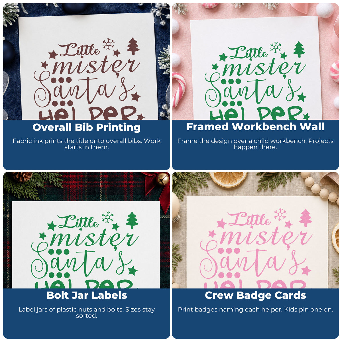 Four ways to use the Little Mister Santa's Helper Tree Motif Slim Pre-Inked Stamp: overall bib printing, framed workbench wall, bolt jar labels and crew badge cards.