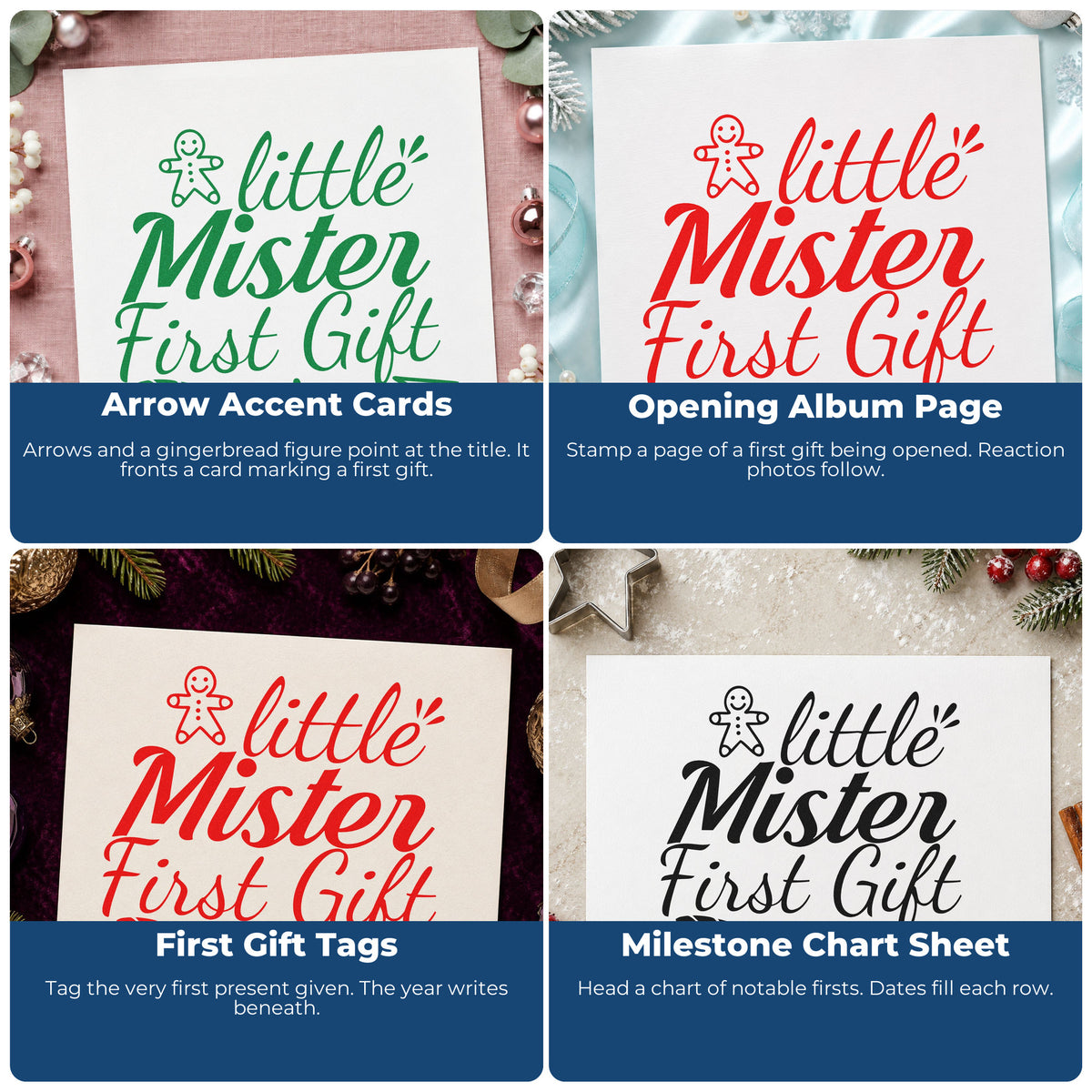 Four ways to use the Little Mister First Gift Gingerbread PSI Pre-Inked Stamp: arrow accent cards, opening album page, first gift tags and milestone chart sheet.