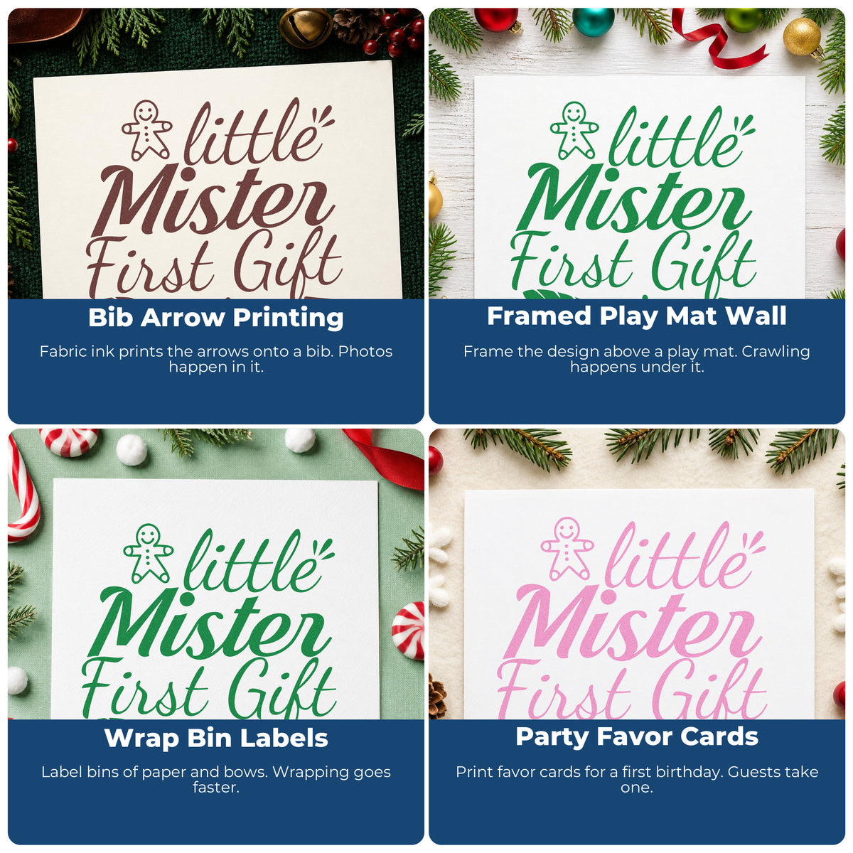 Four ways to use the Little Mister First Gift Gingerbread PSI Pre-Inked Stamp: bib arrow printing, framed play mat wall, wrap bin labels and party favor cards.