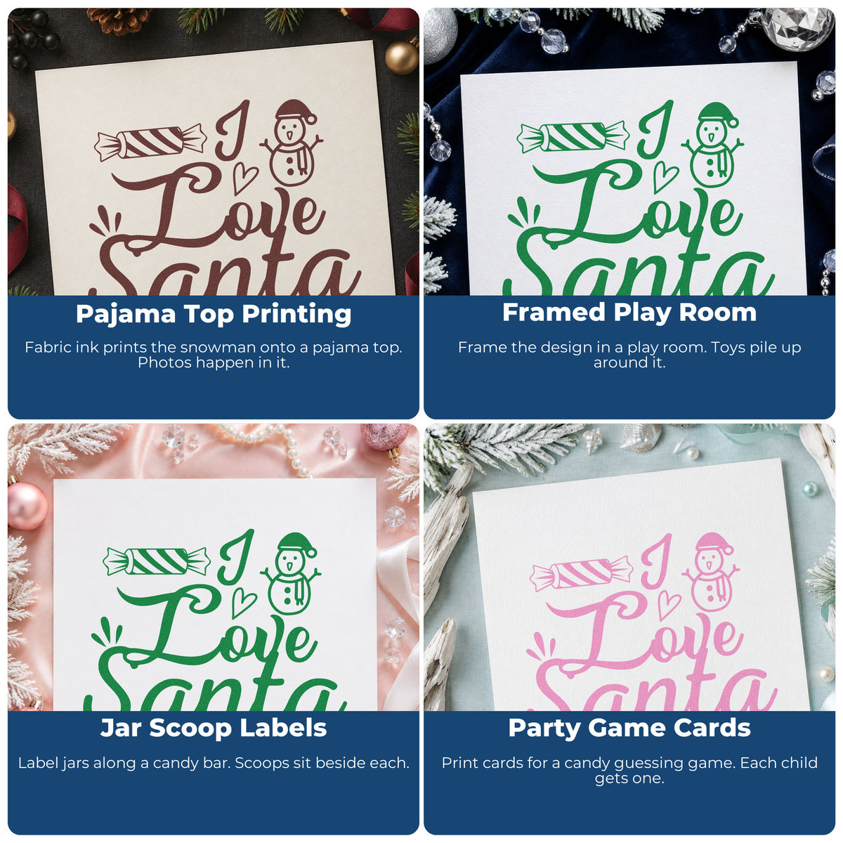 Four ways to use the I Love Santa Candy Rubber Stamp – Wood Handle: pajama top printing, framed play room, jar scoop labels and party game cards.